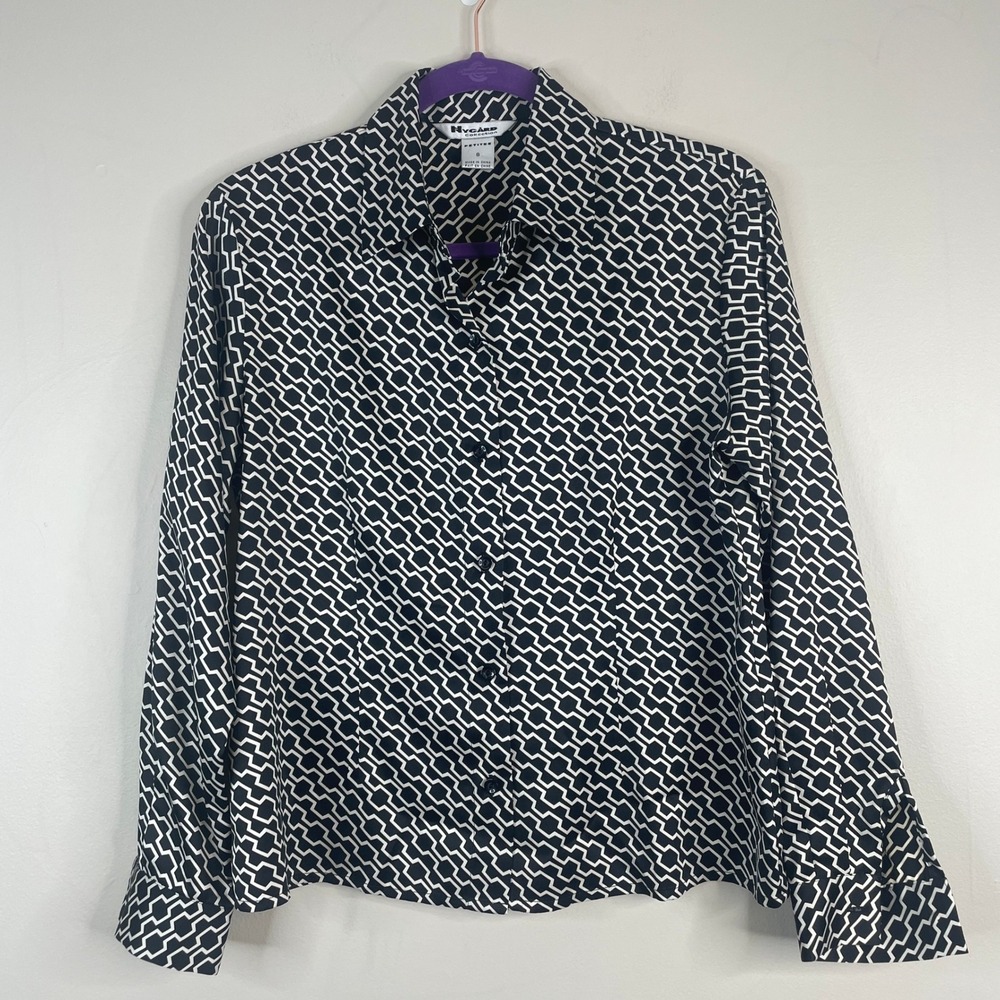 Vintage Nygard Chain Print Top 8 Petite Modernist Career Button Blouse Minimal